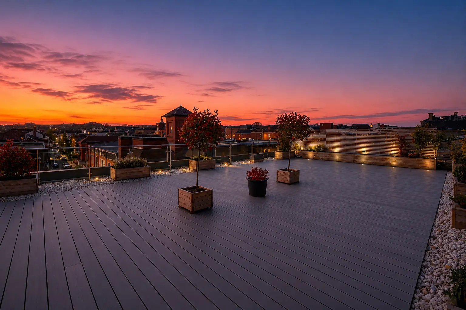 Rooftop terrace with composite decking, planted trees, and seating areas at dusk, overlooking a residential town with sunset sky
