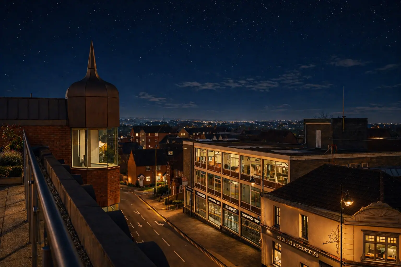 Night-time street view of a town centre with illuminated buildings, a distinctive domed brick structure on the left, and a cityscape visible in the distance under a starry sky