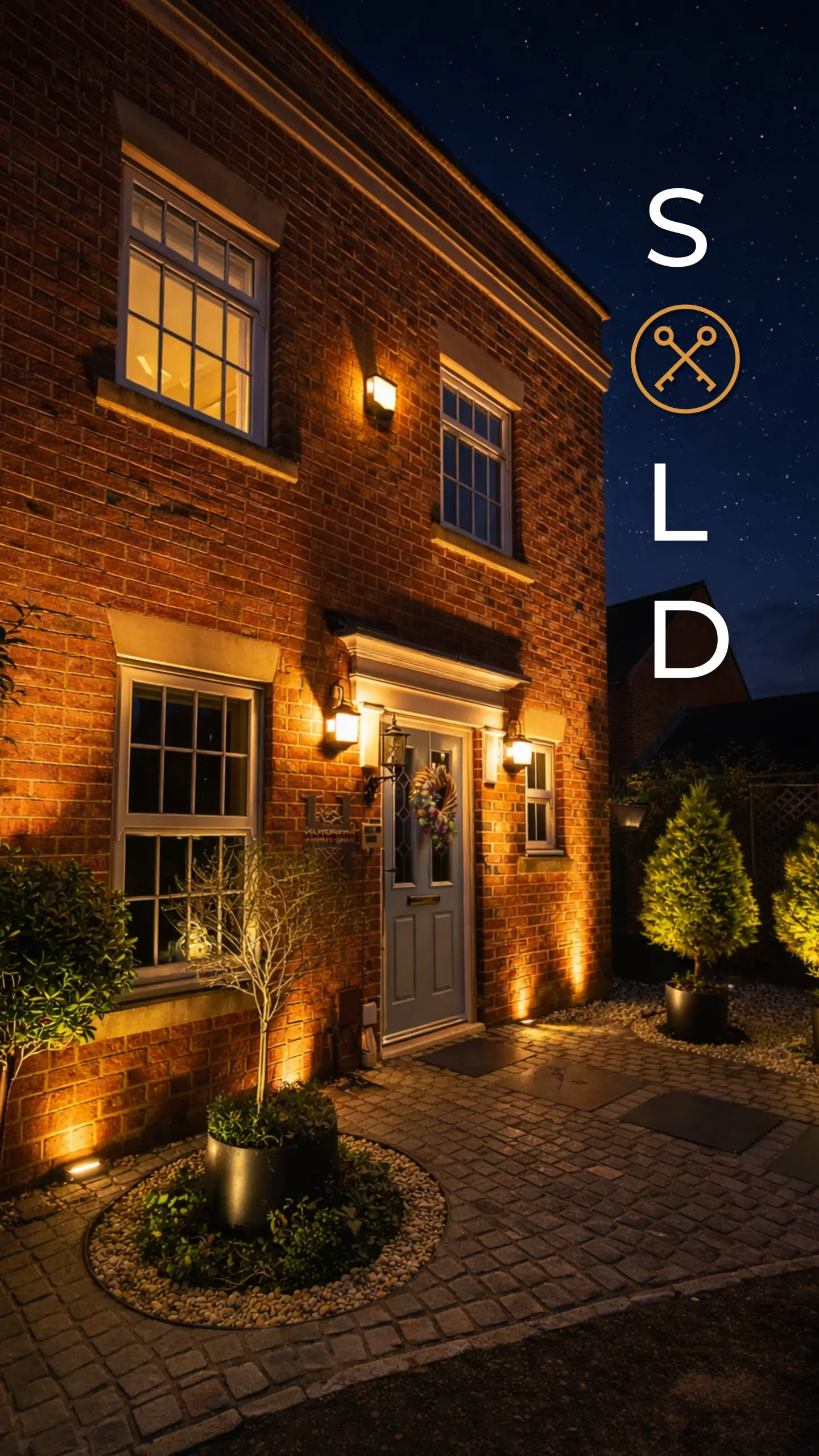 Brick house exterior at night with warm lighting, front door, windows, paved entrance, potted plants, and text overlay reading S, L, D with a crossed-tools icon
