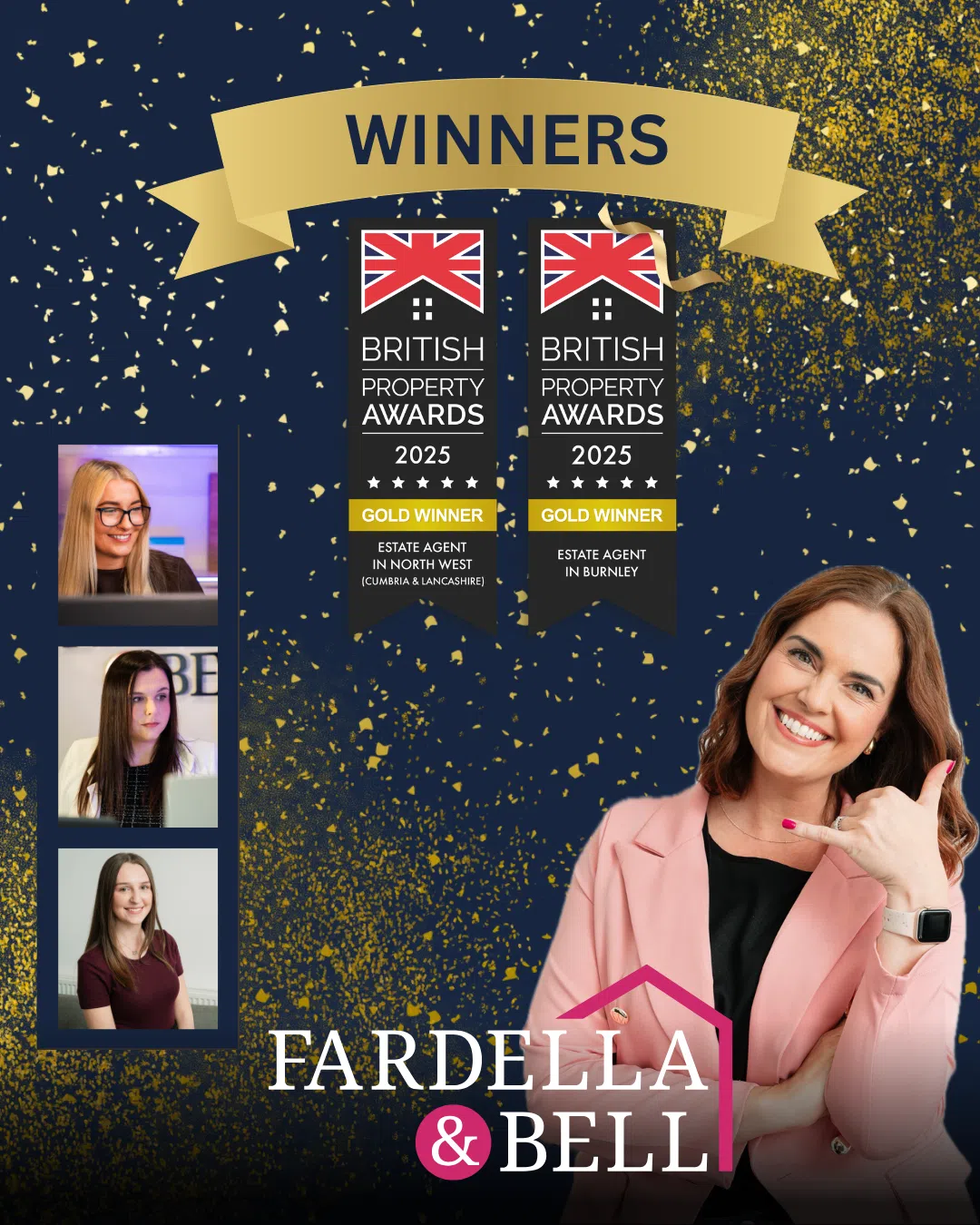 Fardella & Bell wins two British Property Awards 2025 Gold Winner awards for Estate Agent in North West and Estate Agent in Burnley, with photos of four women and gold confetti background