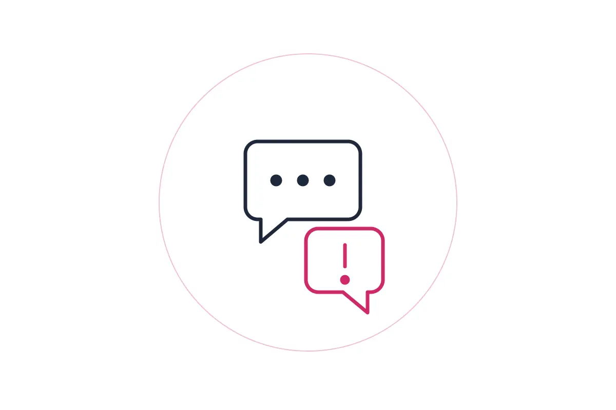 Two speech bubbles icon, one dark blue with three dots and one pink with an exclamation mark