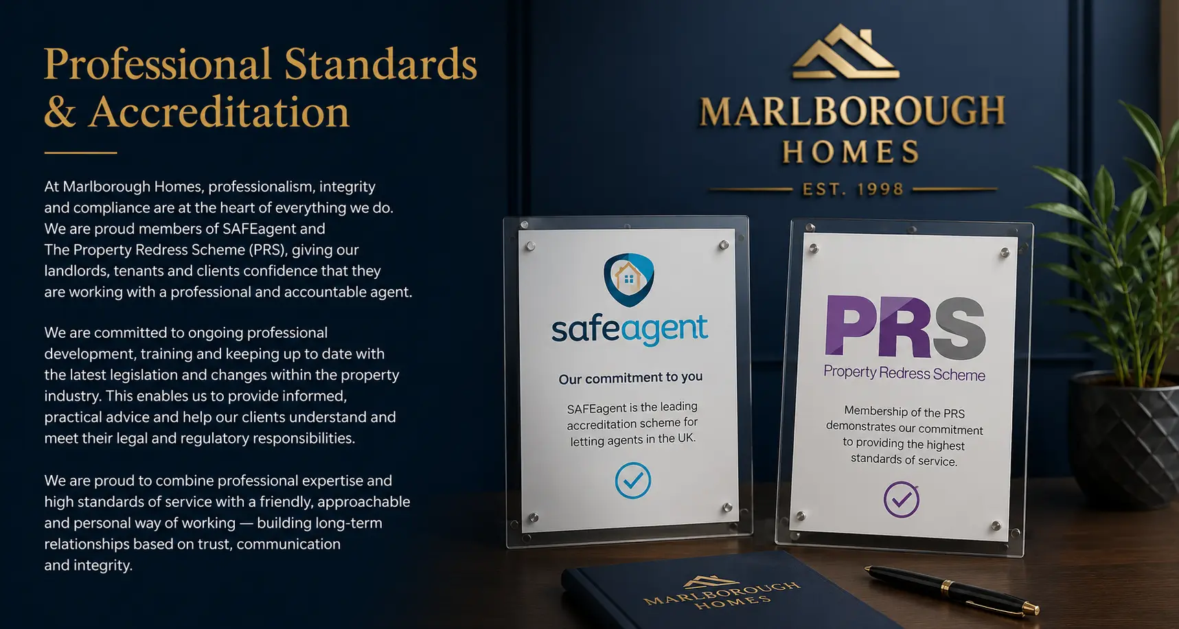 Marlborough Homes logo and text about professional standards. Two framed certificates displayed: SAFEagent accreditation and PRS Property Redress Scheme membership. Dark notebook and pen on desk below.