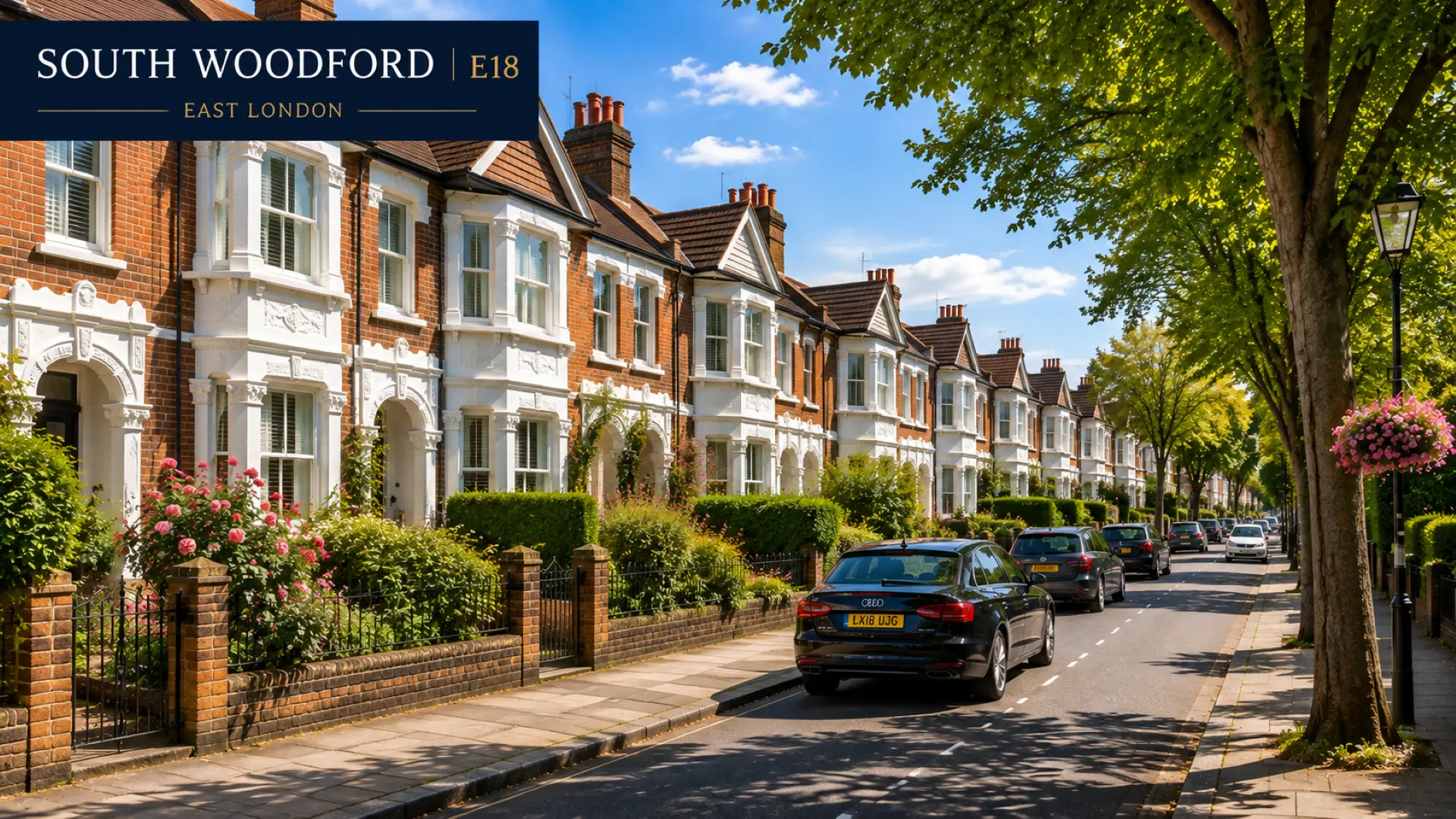 Tree-lined residential street with Victorian terraced houses, South Woodford E18, East London