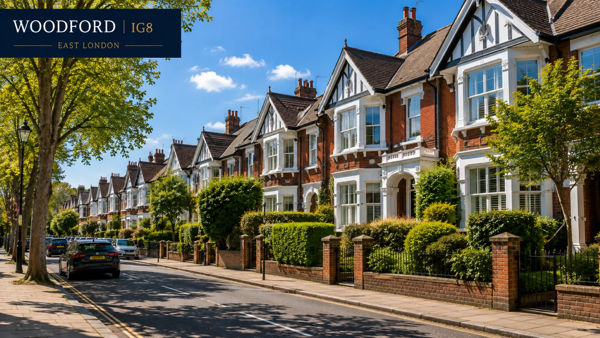 Row of Victorian terraced houses with red brick and white trim on a tree-lined street in Woodford, IG8, East London