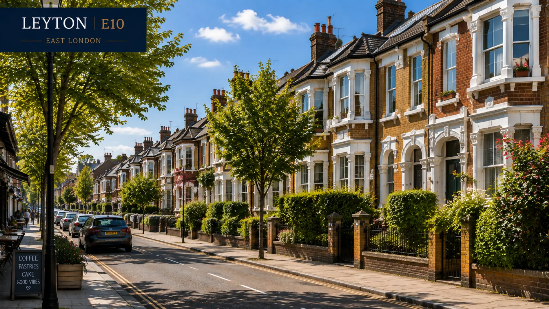 Tree-lined residential street with Victorian and Edwardian brick townhouses, Leyton E10, East London