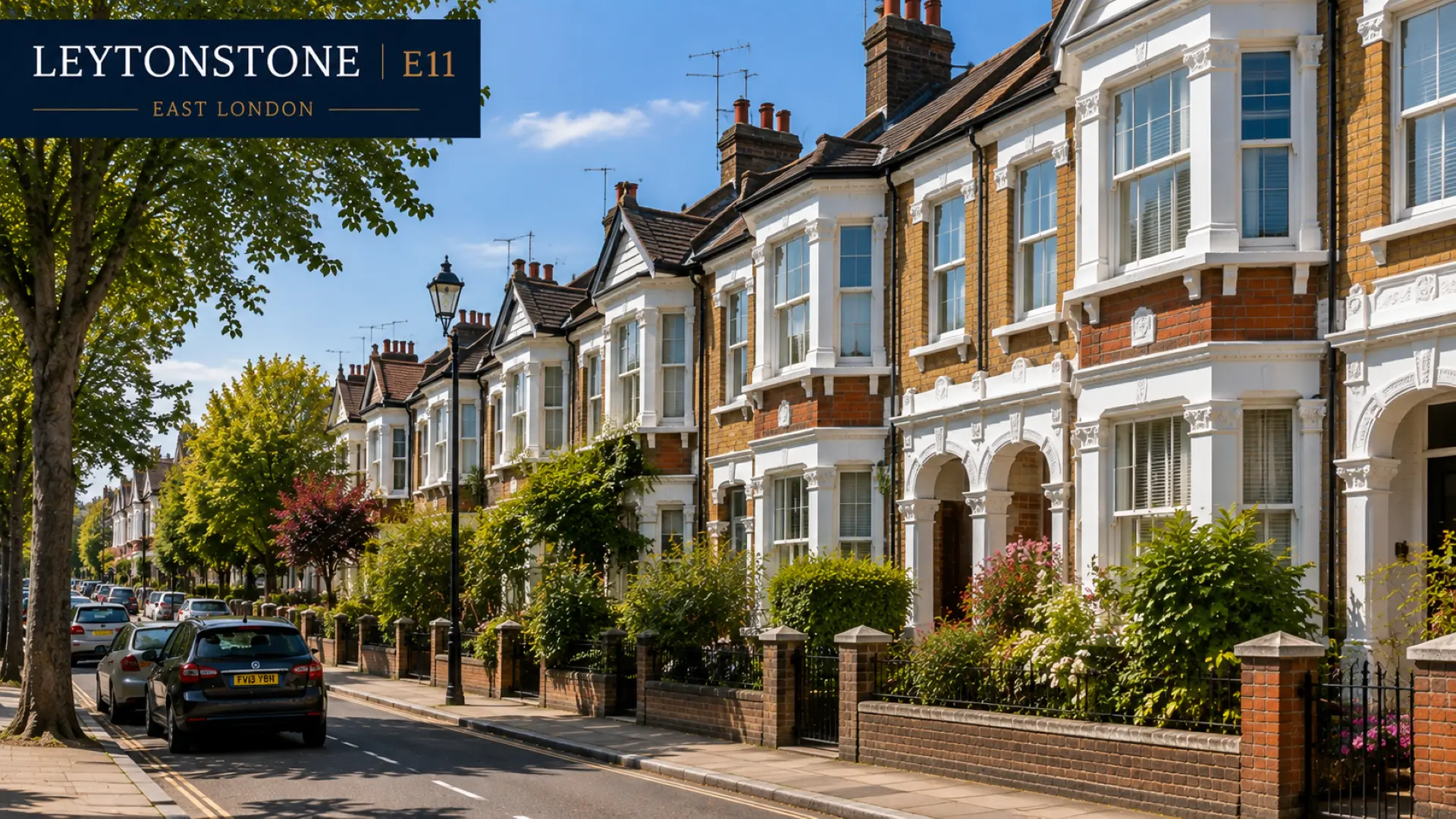 Row of Victorian terraced houses with red brick and white stucco, Leytonstone E11, East London