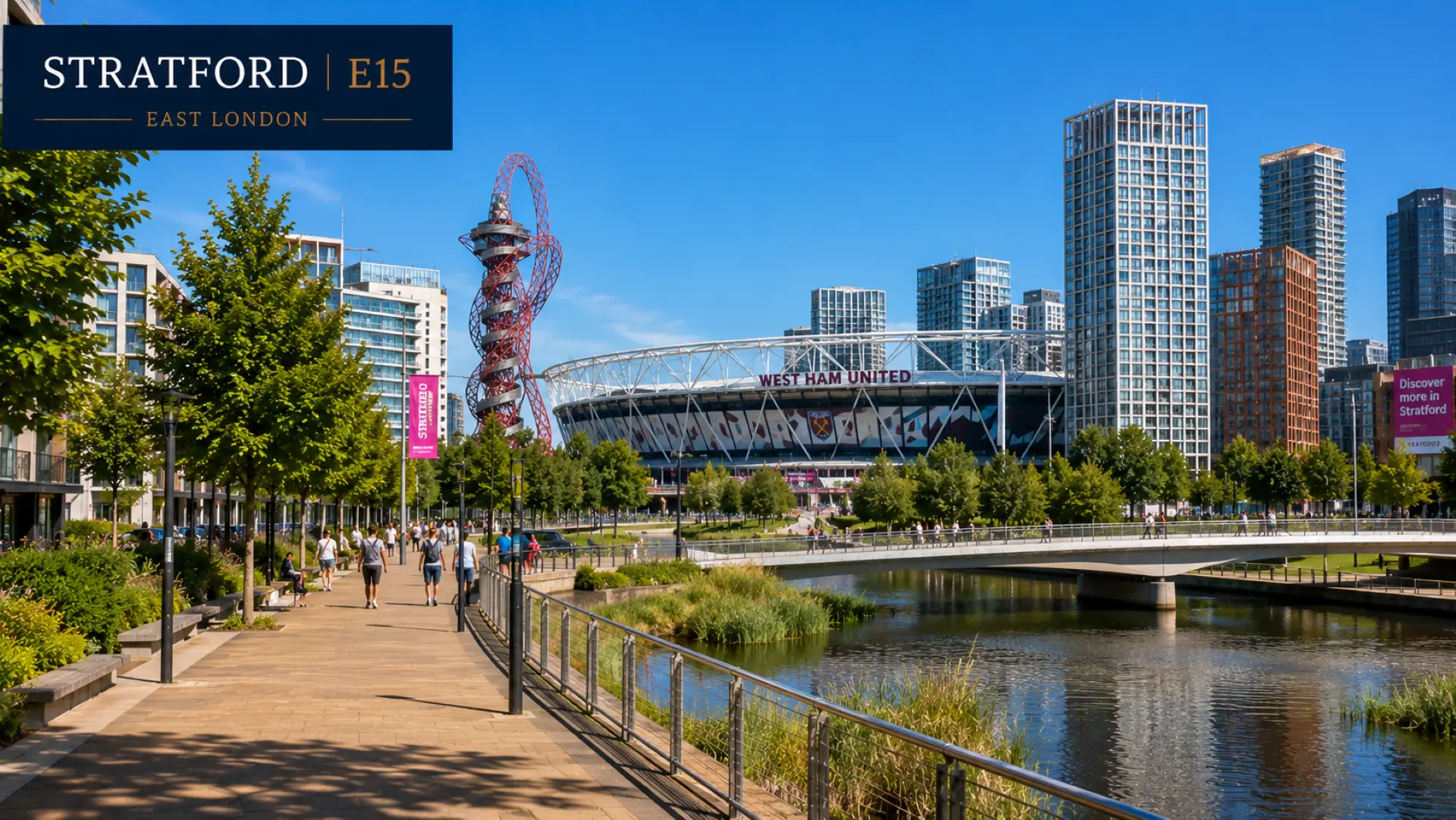 Stratford, E15, East London: waterfront promenade with modern apartment buildings, West Ham United stadium, red sculptural landmark, and pedestrians