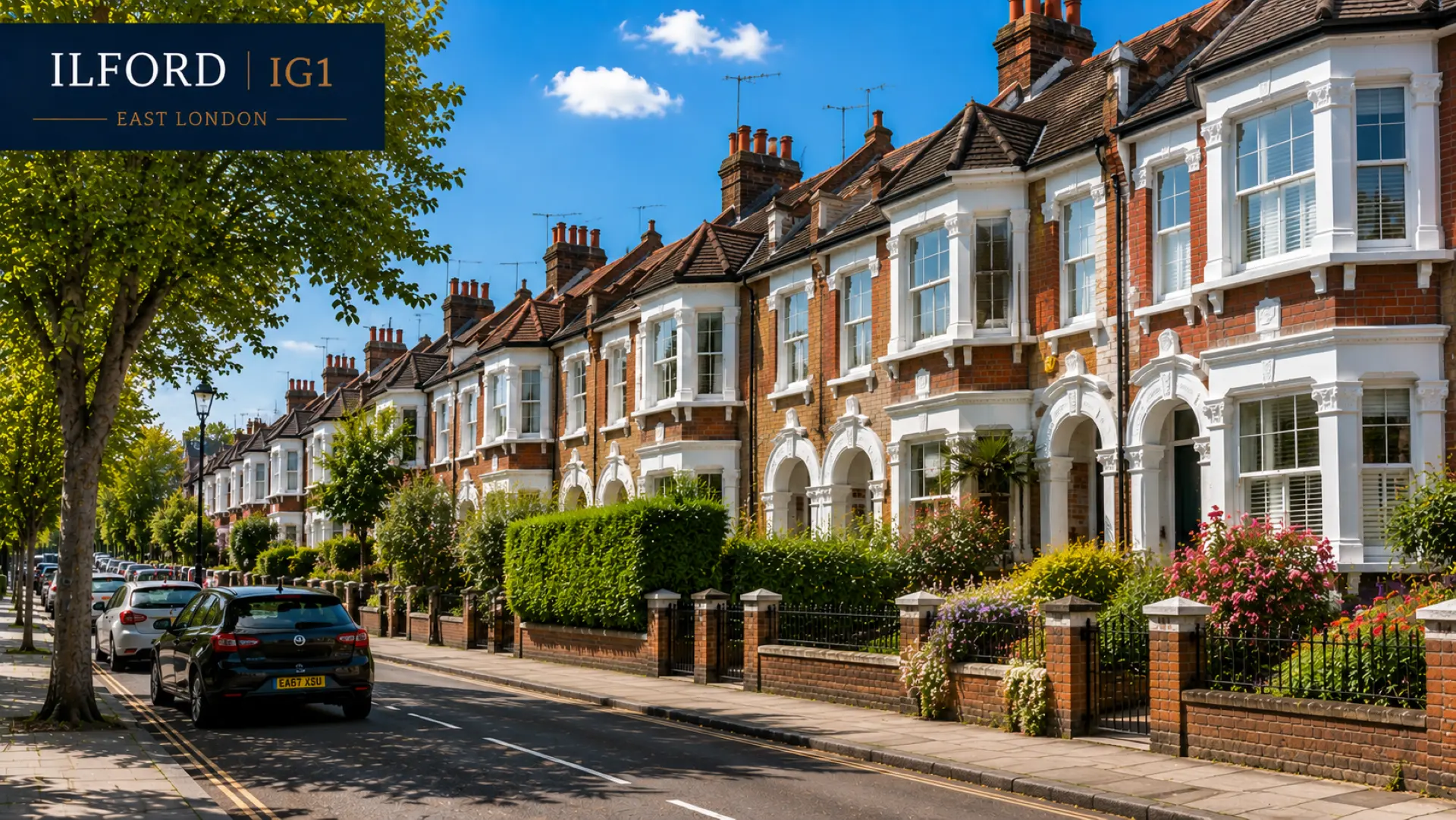 Row of Victorian terraced houses with red brick and white trim, Ilford IG1, East London