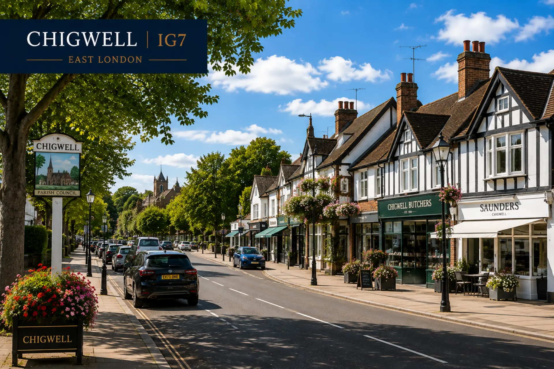 High street in Chigwell, IG7, East London, with Tudor-style buildings, parked cars, shop fronts including Chigwell Butchers and Saunders, flowering planters, and a church spire visible in the distance