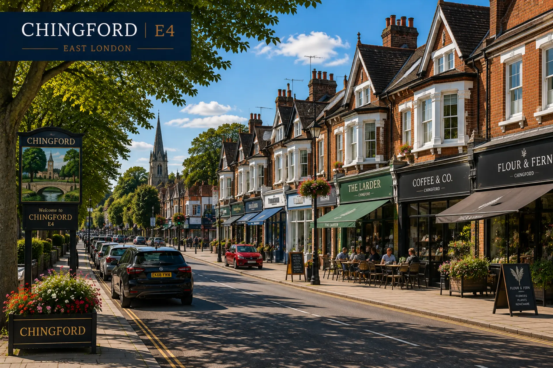 High street in Chingford, E4, East London, with Victorian brick buildings, shop fronts including The Larder and Coffee & Co., parked cars, and a church spire visible in the distance