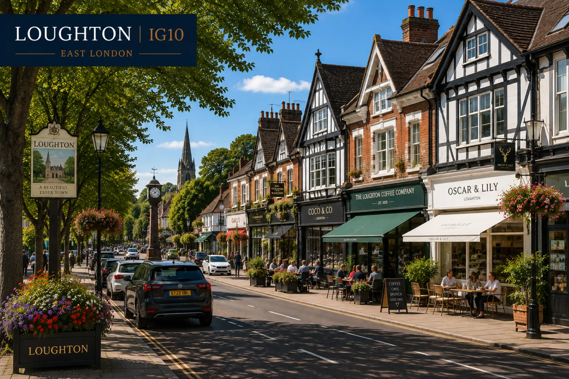 High street in Loughton, IG10, East London, with Tudor-style buildings, shops including The Loughton Coffee Company and Oscar & Lily, parked cars, and pedestrians