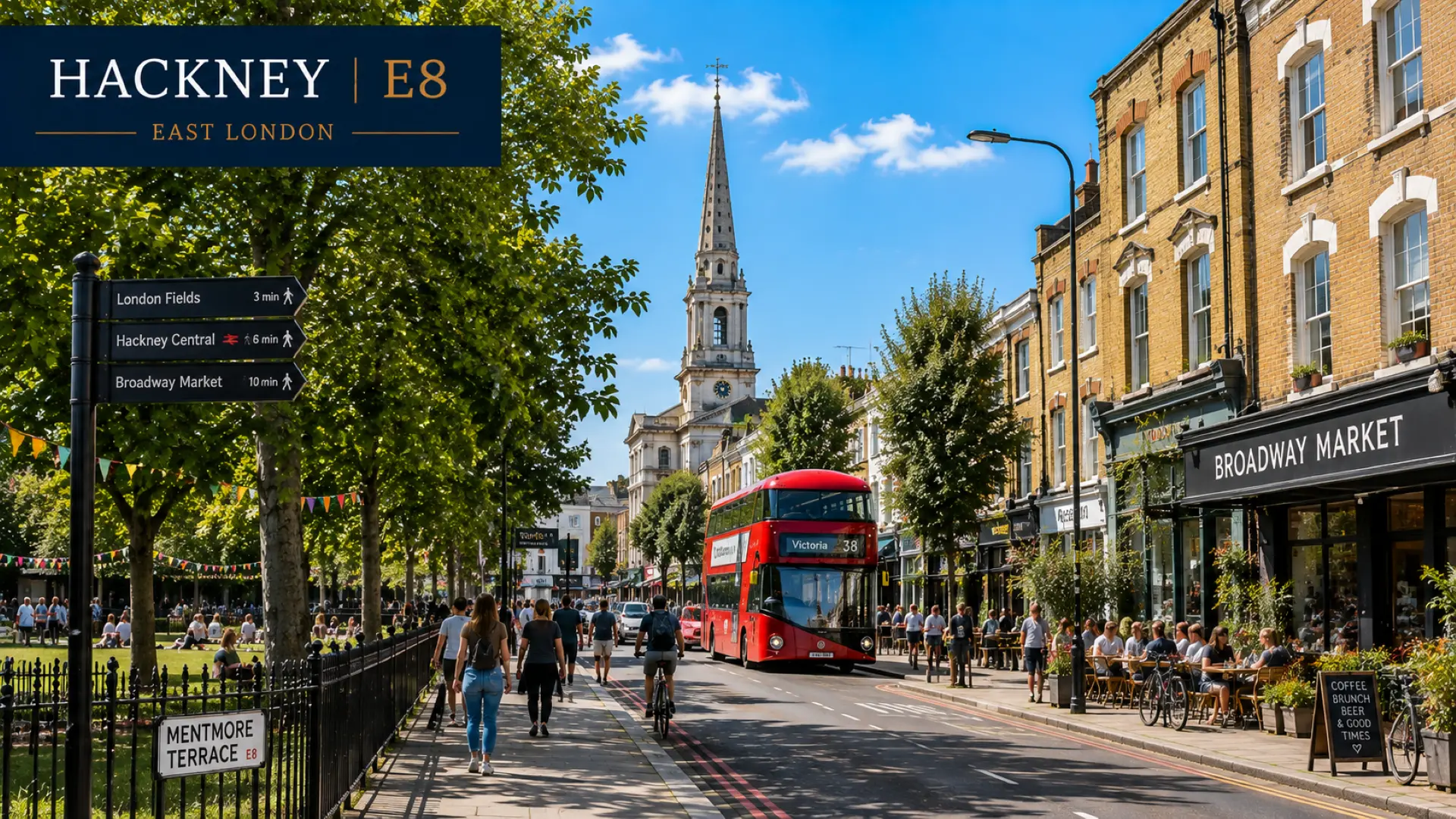 Hackney E8, East London: street scene with red double-decker bus, church spire, Victorian buildings, trees, and pedestrians