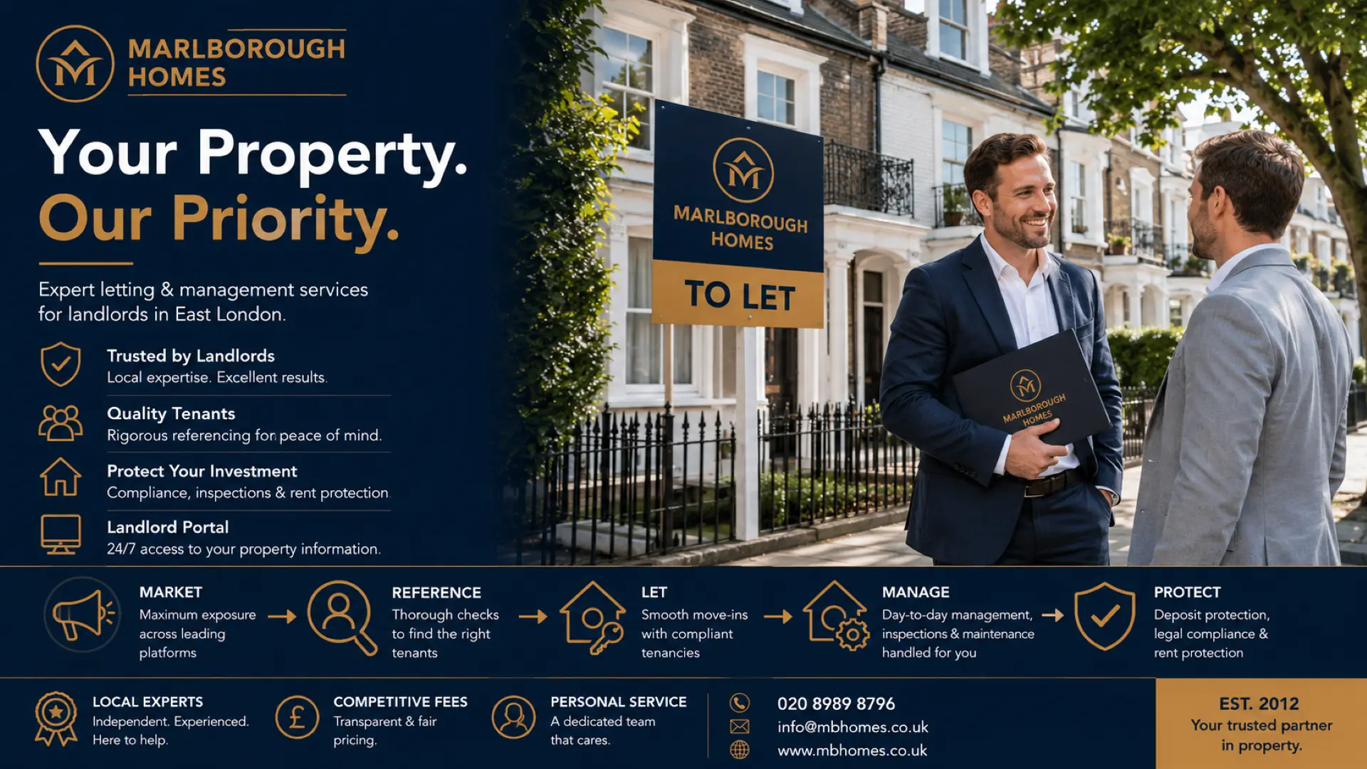 Marlborough Homes lettings agency marketing banner showing two men outside a residential building with a "To Let" sign, with service information and contact details
