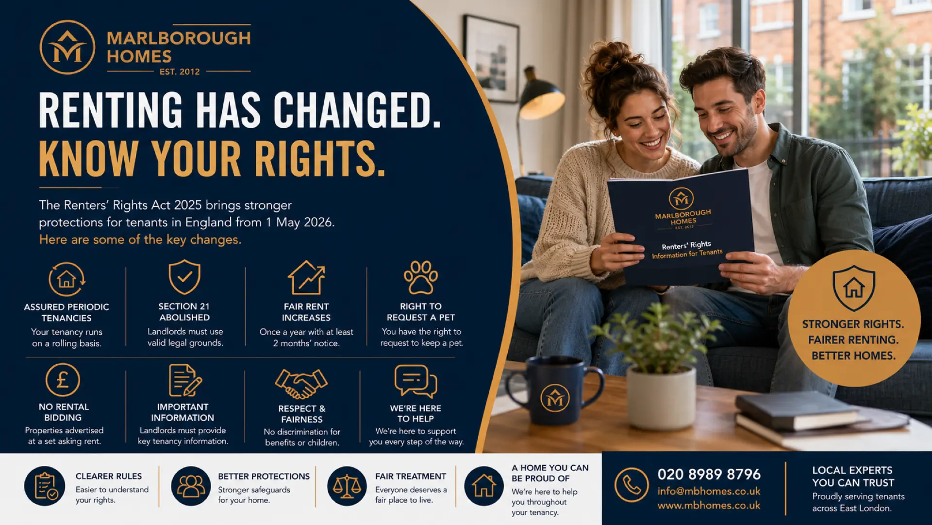 Marlborough Homes infographic about Renters' Rights Act 2025, showing two people reviewing a tenants' information document, with key changes listed including assured periodic tenancies, section 21 abolition, fair rent increases, and right to request a pet.