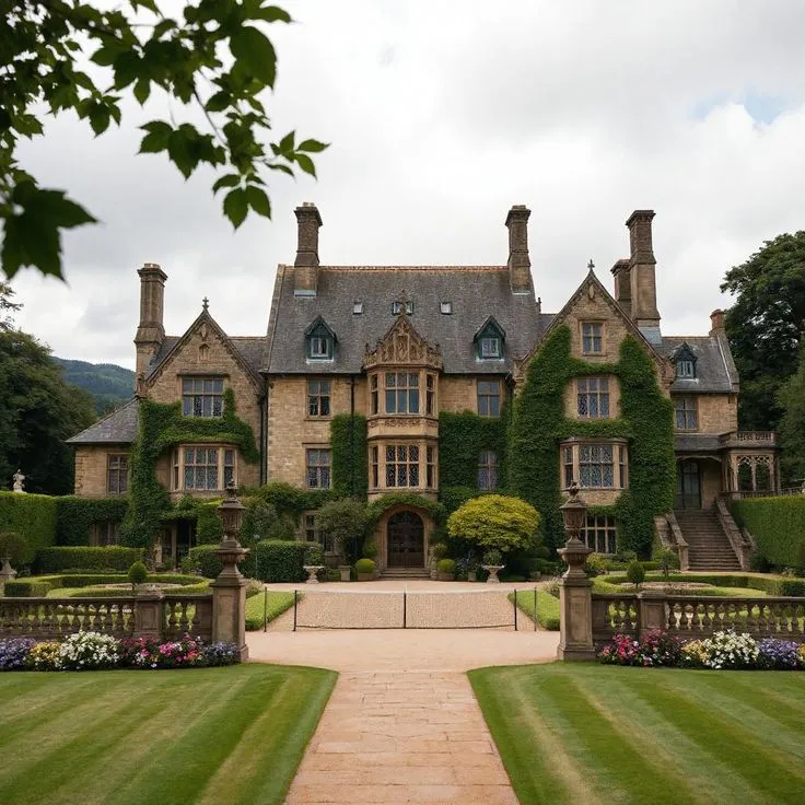 Large stone country mansion with multiple chimneys and ivy-covered walls, formal gardens with manicured hedges and flower beds in foreground, tree-lined grounds