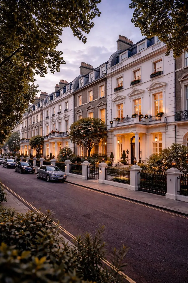 Row of elegant cream and white Georgian townhouses with mansard roofs, lit windows, black iron railings, and parked cars along a tree-lined street at dusk
