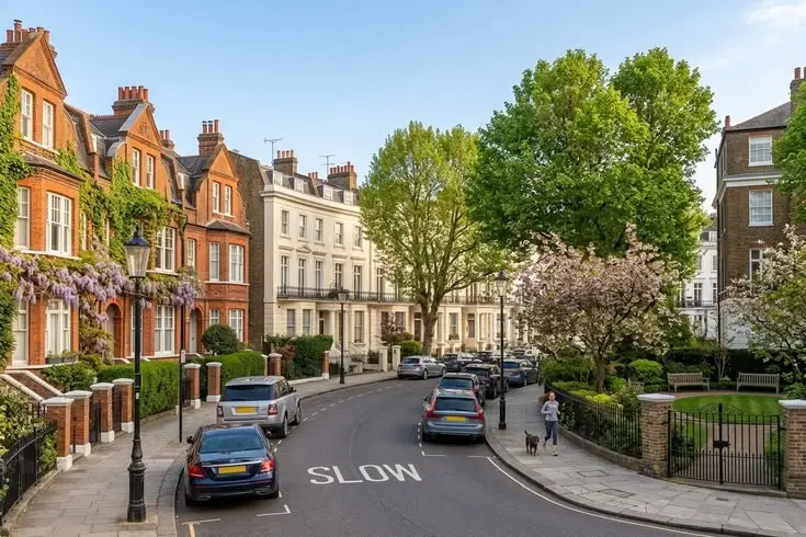 Tree-lined residential street with Victorian red-brick townhouses on the left, cream-coloured period buildings in the centre, and parked cars on the road marked with 'SLOW'