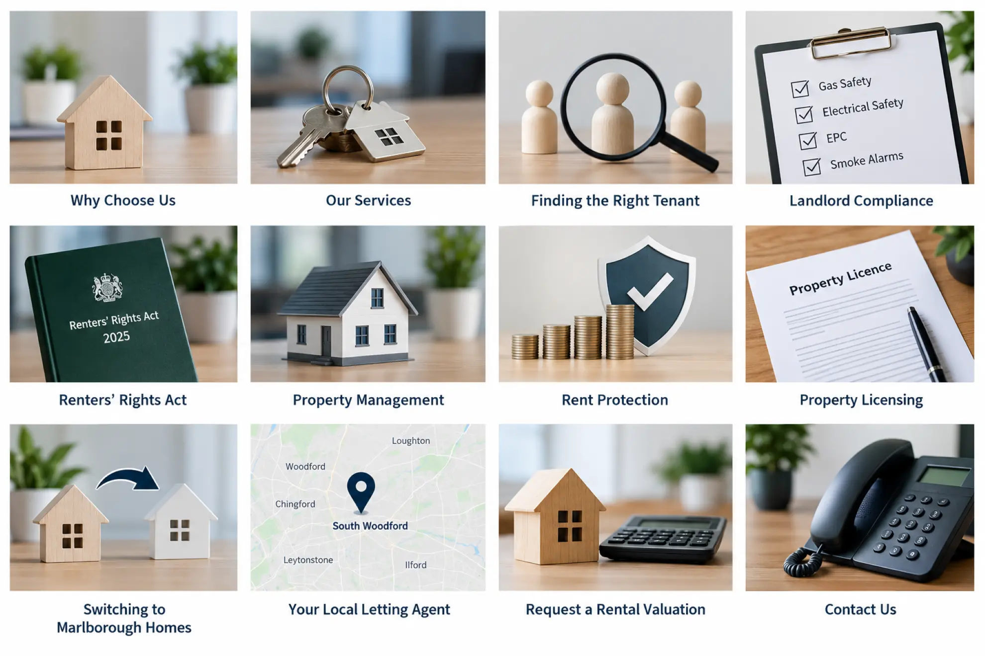 Grid of 12 service icons for a lettings agency: wooden house, keys, magnifying glass over wooden figures, clipboard with safety checklist, Renters' Rights Act book, model house, stacked coins with shield, Property Licence document, two houses with arrow, map showing South Woodford location, house with calculator, and black telephone
