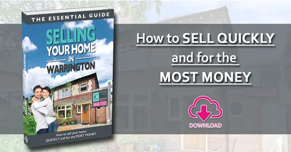 Book cover for "The Essential Guide: Selling Your Home in Warrington" next to text reading "How to SELL QUICKLY and for the MOST MONEY" with a download button