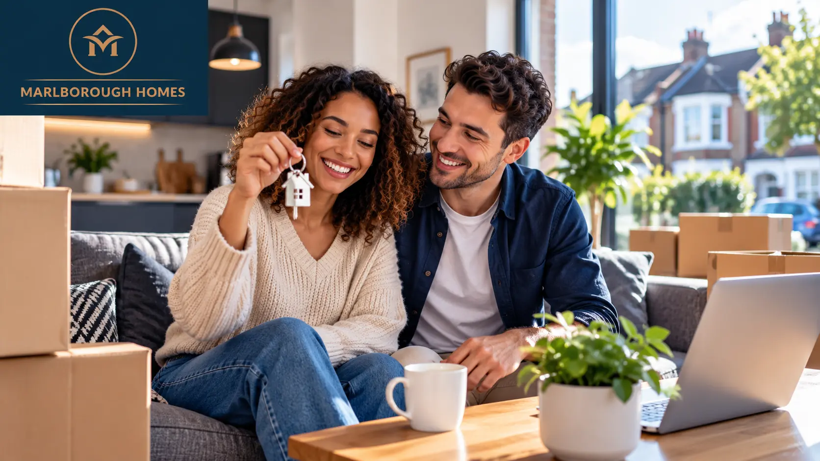 Two people holding a house key while sitting on a sofa surrounded by moving boxes, with a laptop and coffee cup on the table in front of them