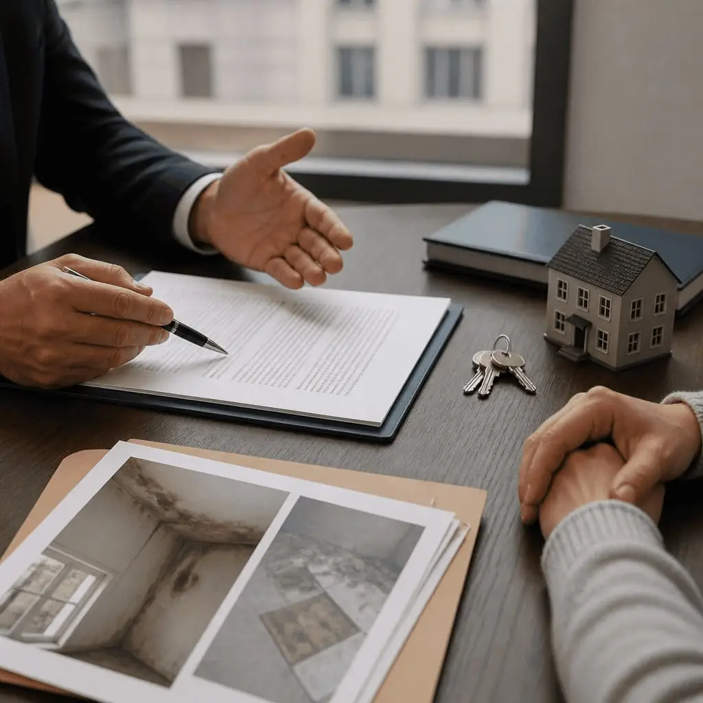 Two people at a desk with documents, a miniature house model, and keys. Property photographs and a notebook are visible, with a building seen through the window behind them.