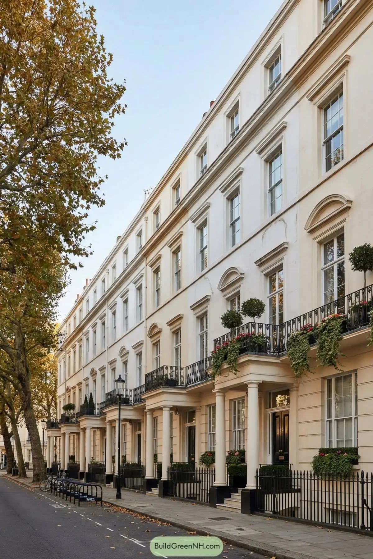 Cream-coloured Georgian townhouses with black railings, arched windows, and wrought-iron balconies. Tree-lined street with autumn foliage visible on the left.