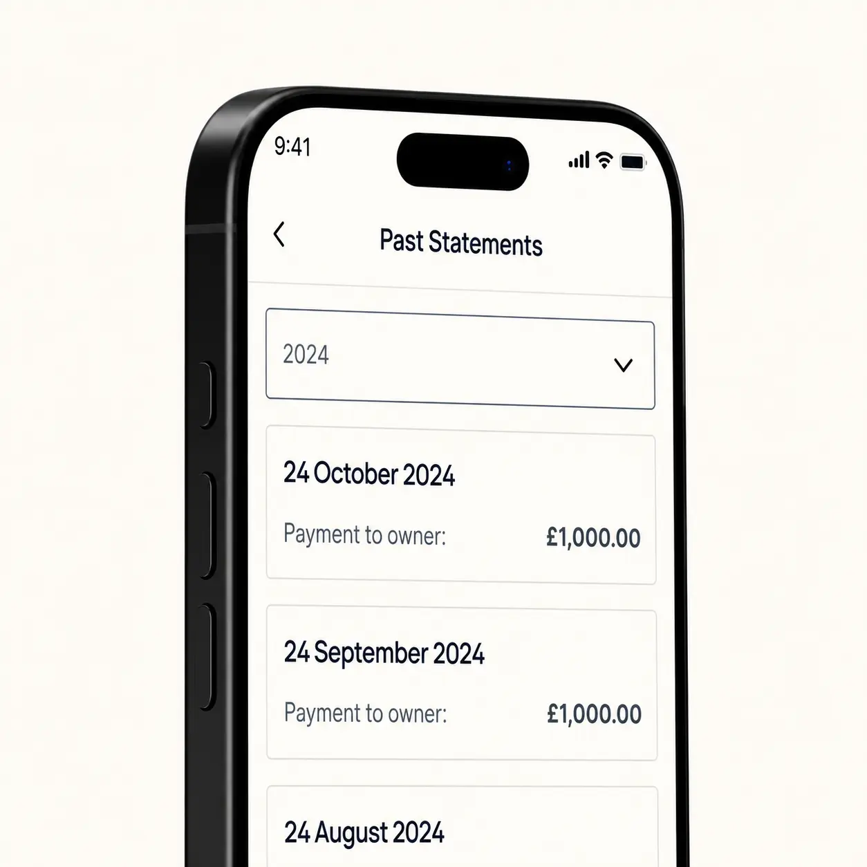 iPhone showing Past Statements screen with 2024 dropdown and payment records dated 24 October 2024, 24 September 2024, and 24 August 2024, each showing £1,000.00 payment to owner