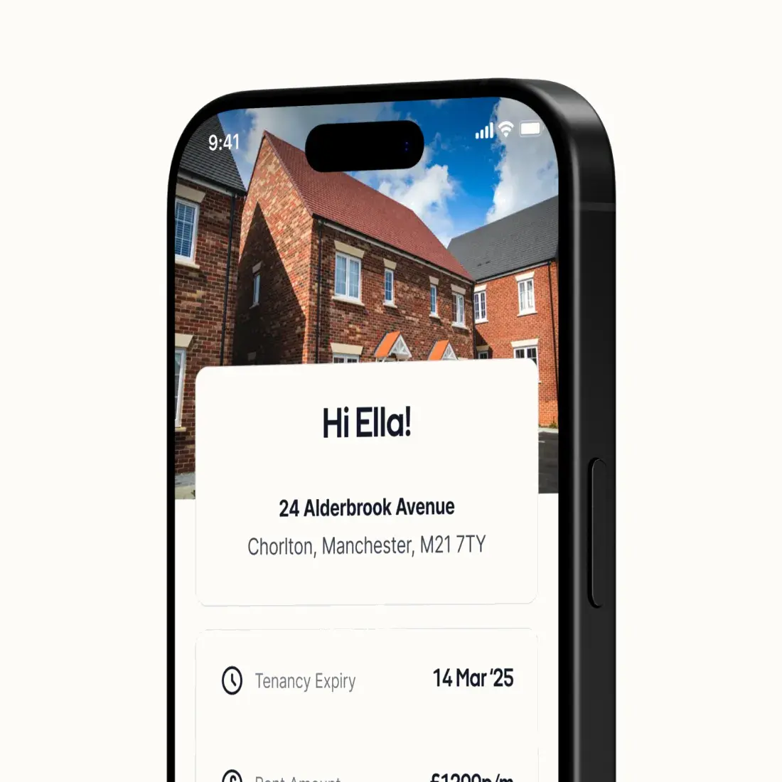 Smartphone displaying property listing for 24 Alderbrook Avenue, Chorlton, Manchester, M21 7TY, with brick terraced houses visible in background