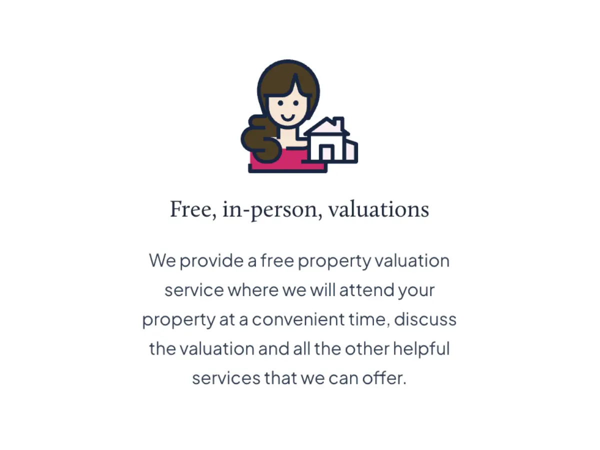Illustration of a smiling person with brown hair holding a house icon, with text 'Free, in-person, valuations'