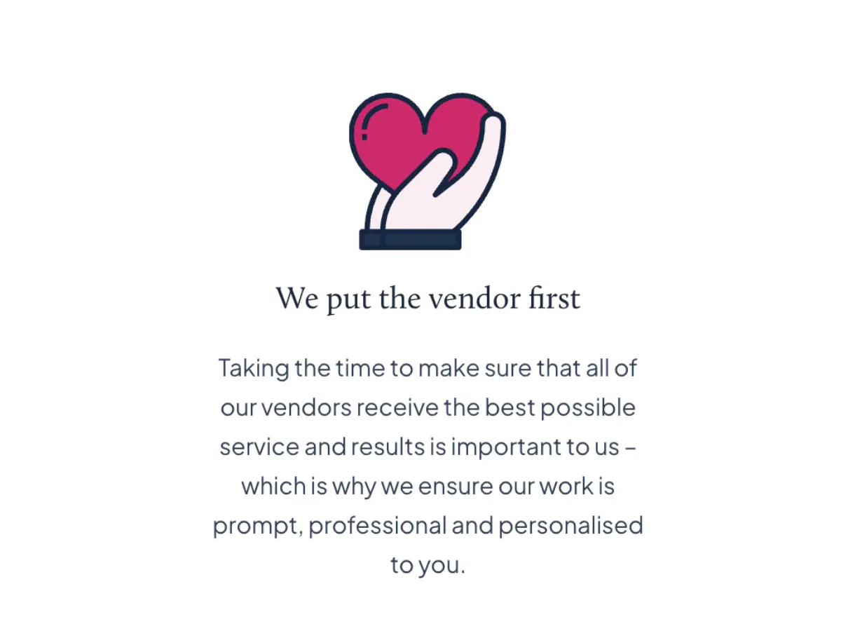 Hand holding a pink heart with text 'We put the vendor first'