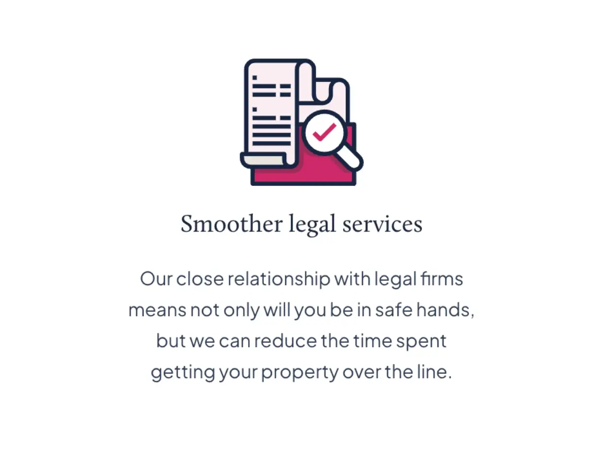 Icon showing a document with a magnifying glass and checkmark, with heading 'Smoother legal services' and text about legal firm relationships