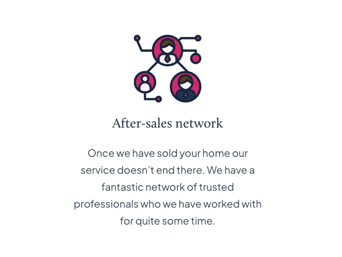 Icon showing connected user profiles in pink and navy, representing an after-sales network