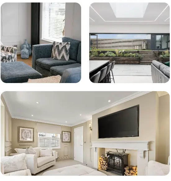 Three interior photographs: top left shows a dark grey sofa with patterned cushions and footstool in a modern living room; top right shows a patio area with dining table overlooking landscaped gardens and modern building; bottom shows a cream living room with fireplace, wall-mounted television, and seating area