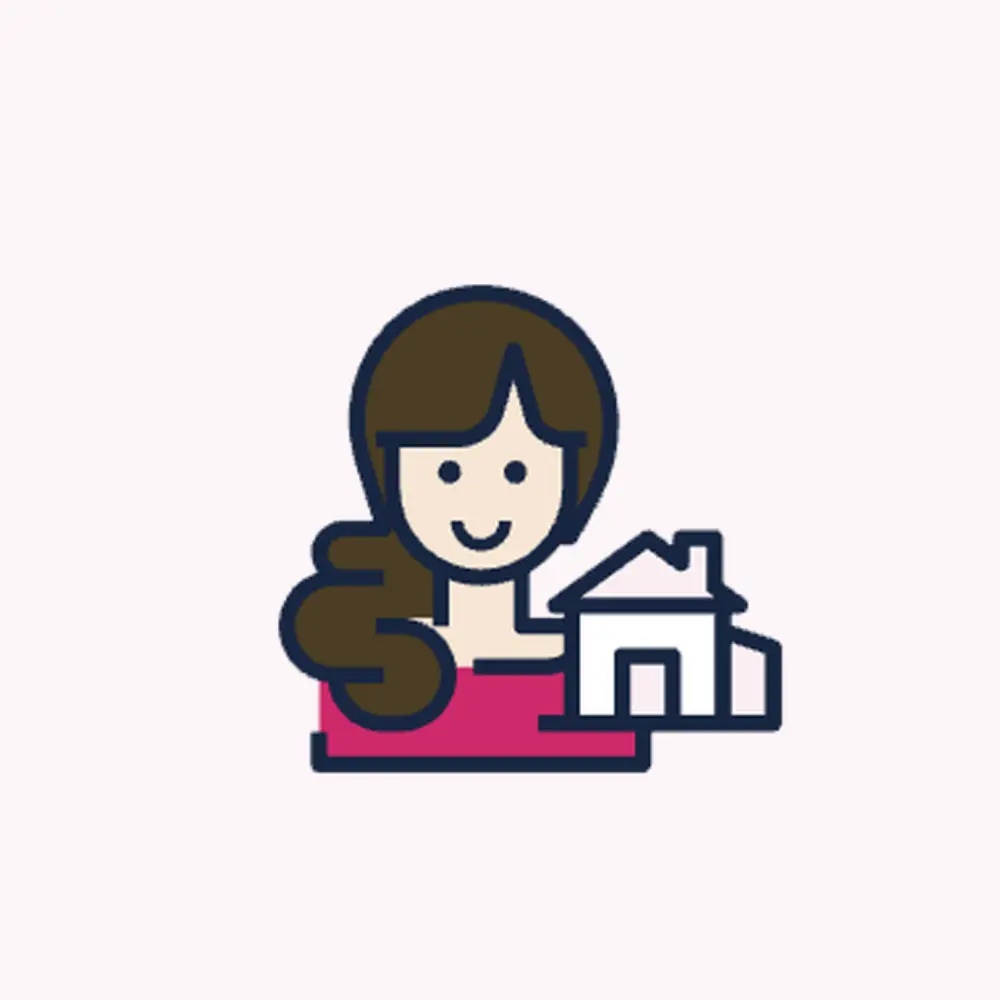 Illustration of a smiling person with brown hair holding a large dollar sign next to a simple house outline