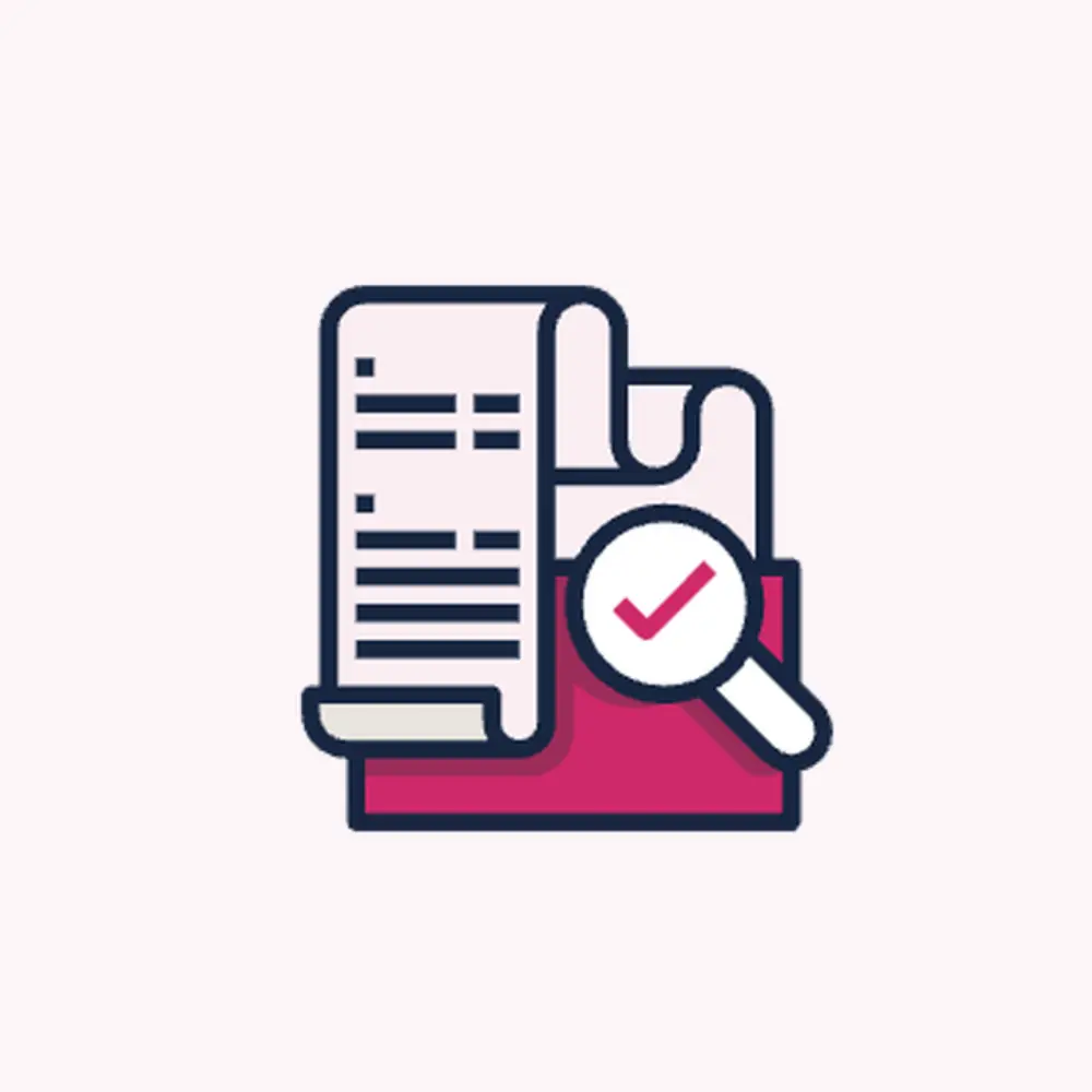 Icon showing a document with lines of text, a magnifying glass with a pink checkmark, and a pink base