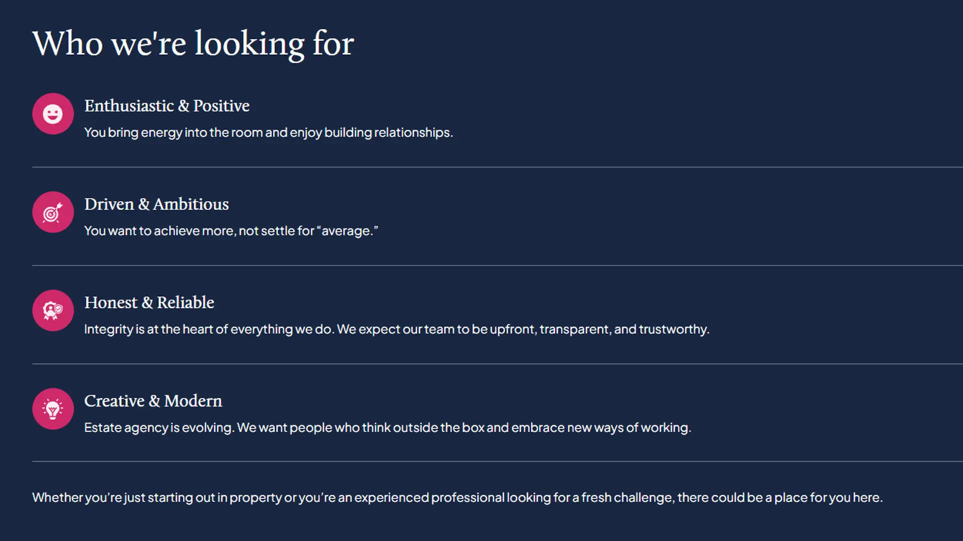 Section titled 'Who we're looking for' with four criteria: Enthusiastic & Positive, Driven & Ambitious, Honest & Reliable, and Creative & Modern, each with an icon and description of desired qualities.
