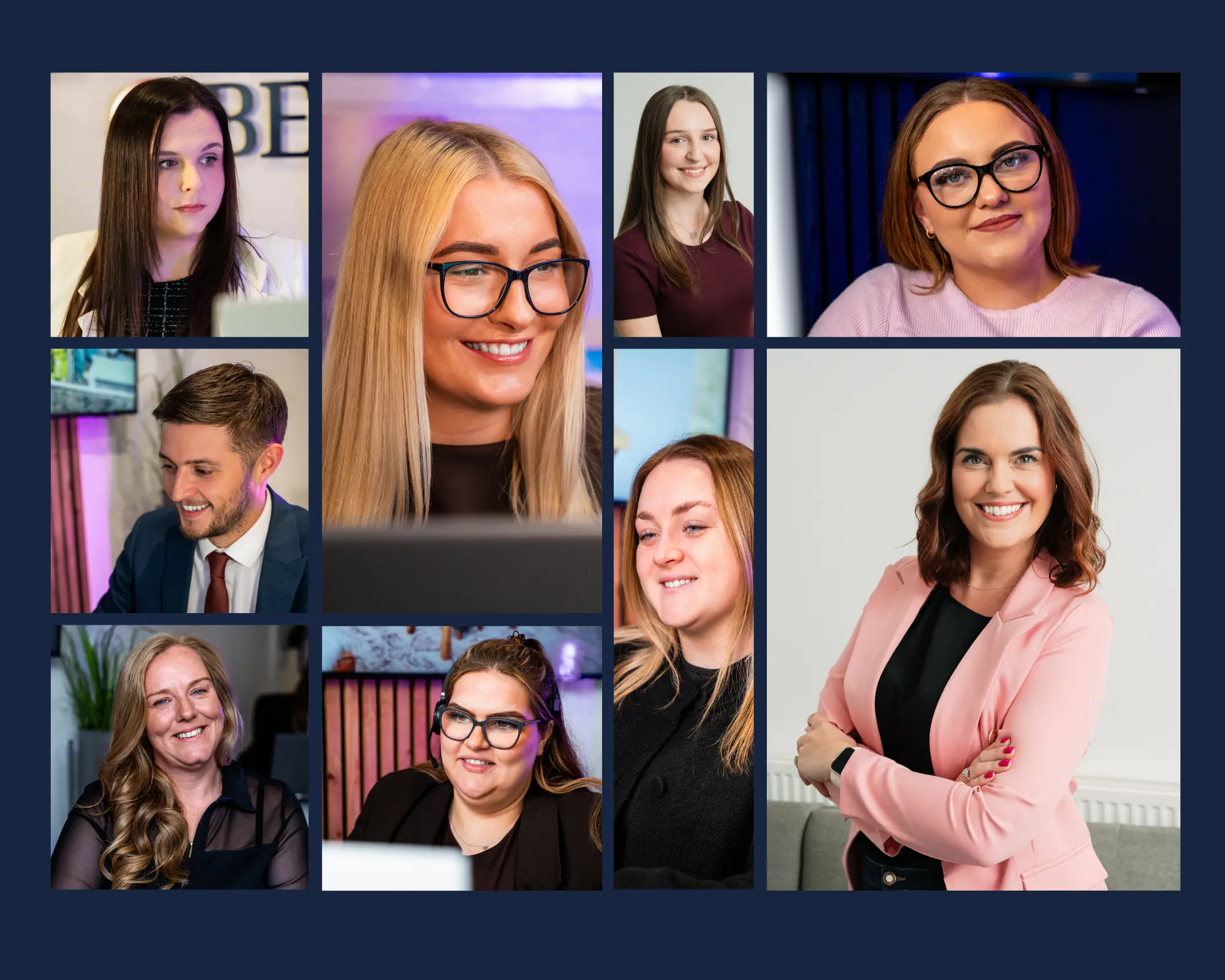 Grid of nine portrait photographs showing different people in professional settings
