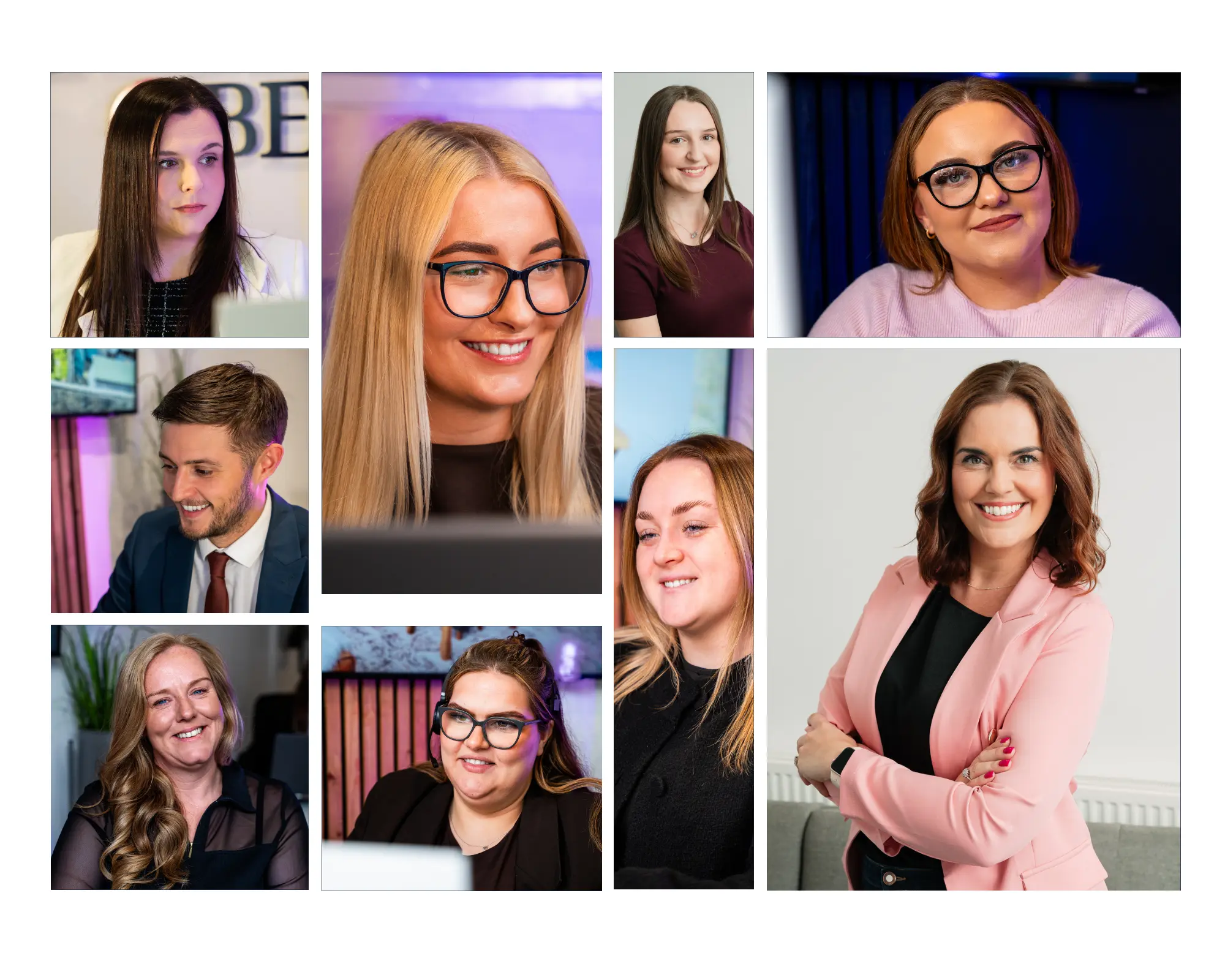 Grid of nine professional headshots of team members, including individuals in office settings and studio backgrounds