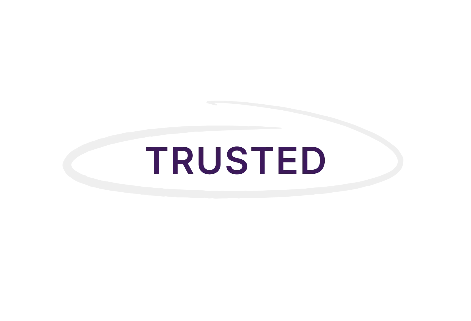 Trusted badge with purple text inside a light grey oval shape