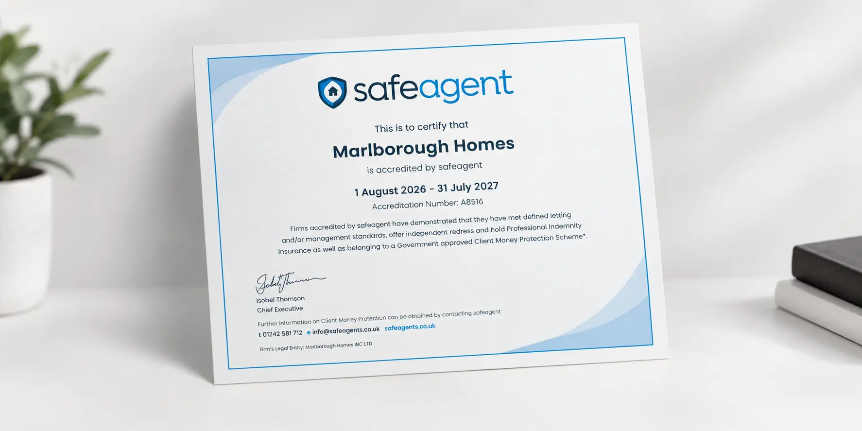 Safeagent accreditation certificate for Marlborough Homes, valid 1 August 2026 to 31 July 2027, accreditation number A8516