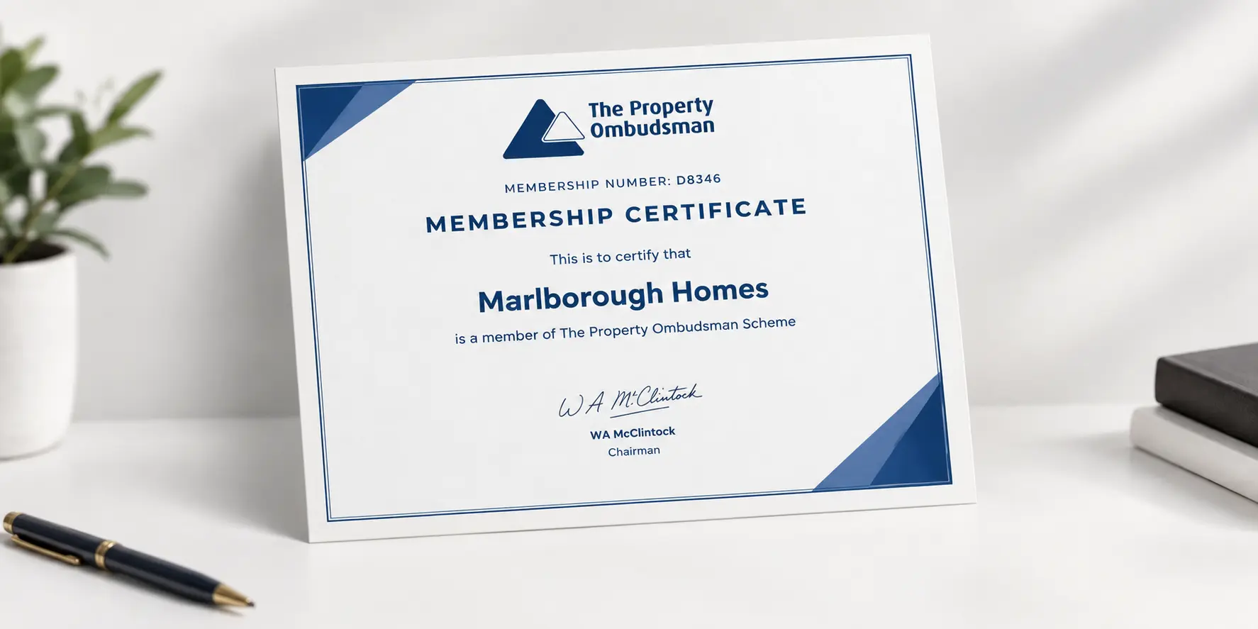 The Property Ombudsman membership certificate for Marlborough Homes, membership number D8346, signed by WA McClintock, Chairman