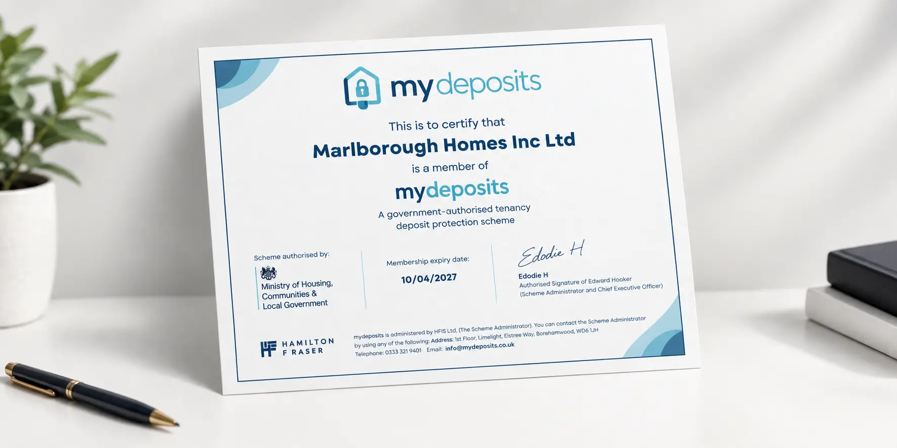 mydeposits membership certificate for Marlborough Homes Inc Ltd, government-authorised tenancy deposit protection scheme, expiry date 10/04/2027