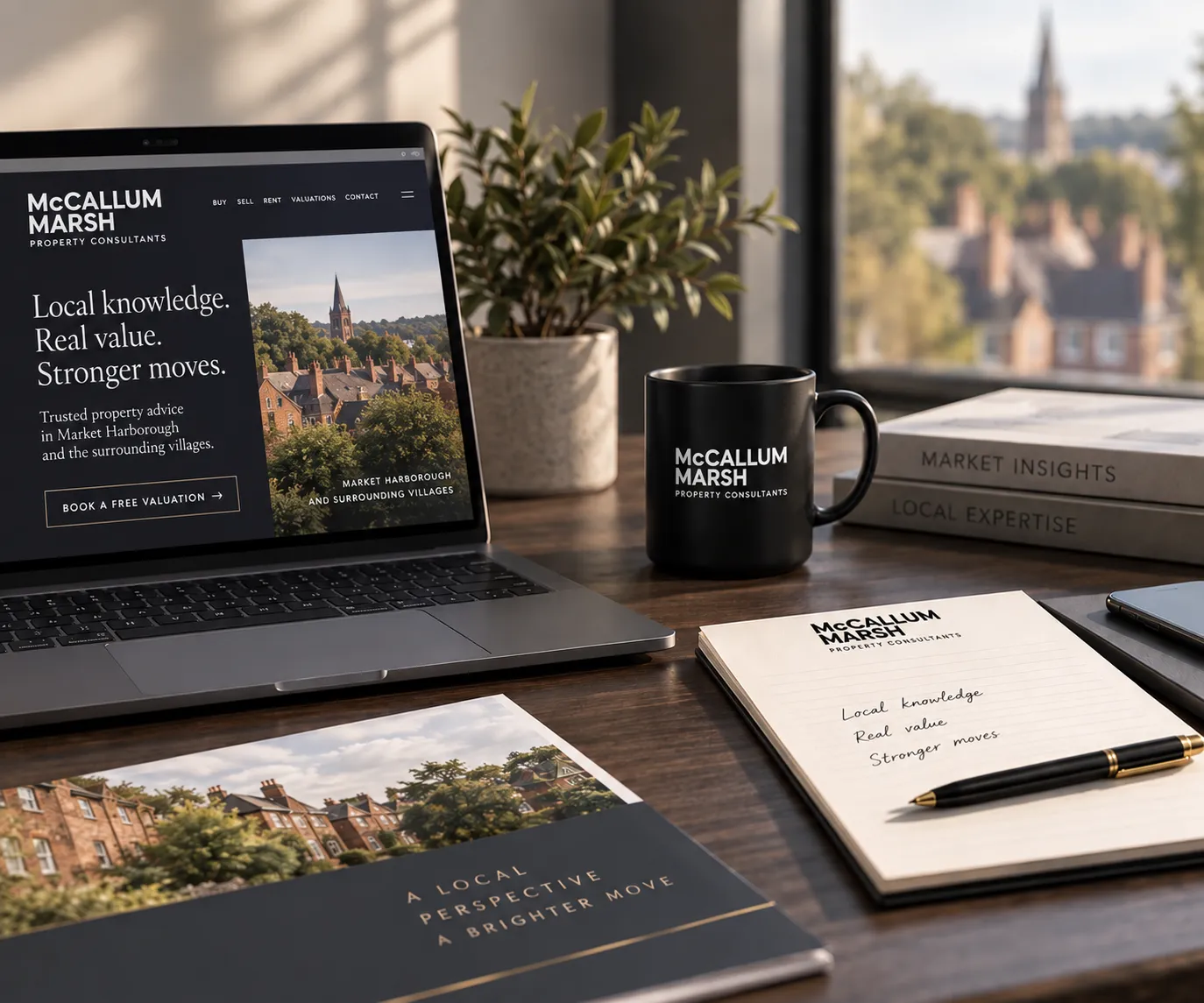 Laptop showing McCallum Marsh website beside branded notebook, coffee mug and property brochures on a desk, illustrating local property expertise in Market Harborough