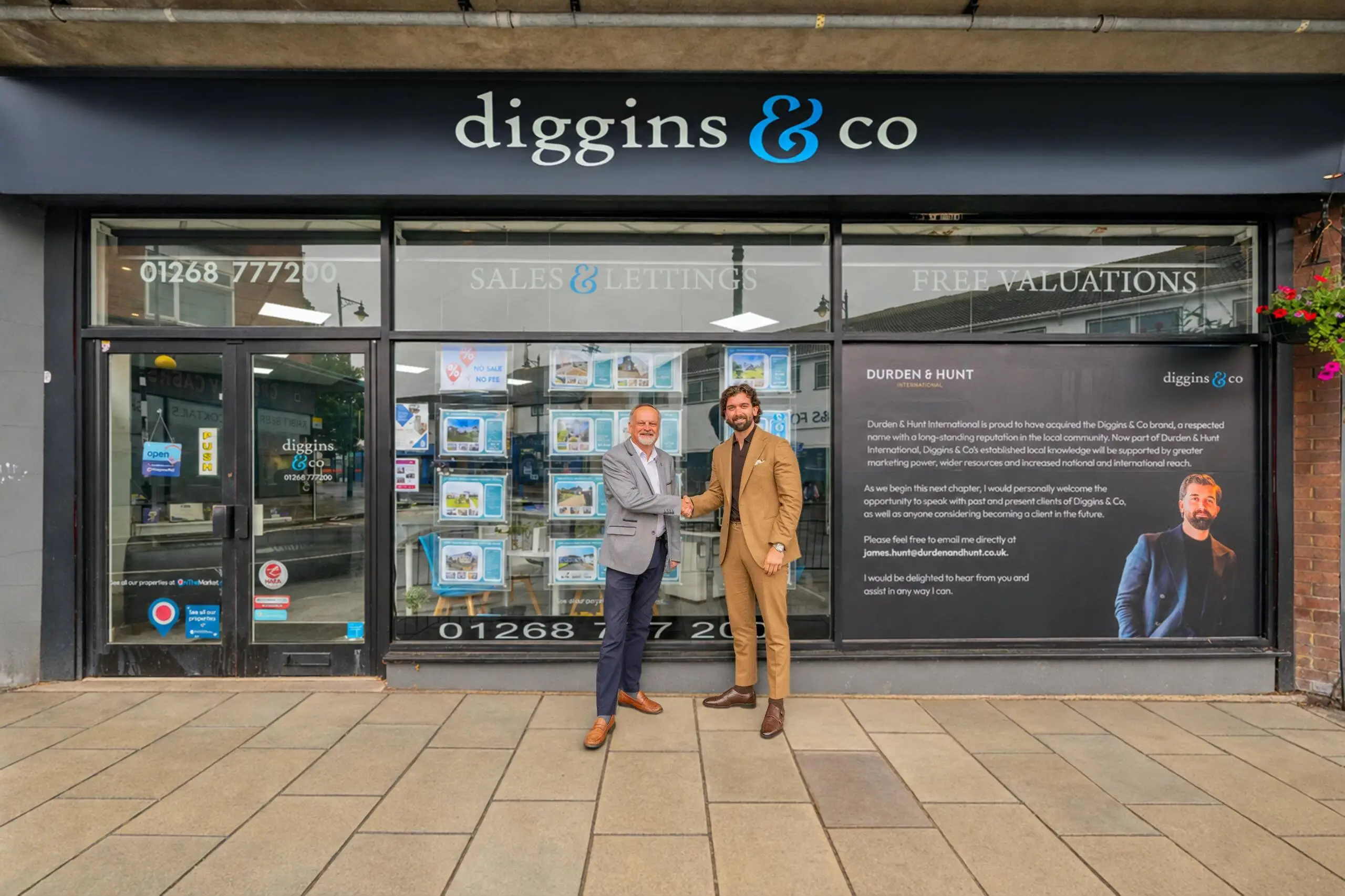 Diggins & Co estate agency storefront with property listings displayed in windows, phone number 01268 777200 visible