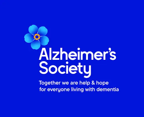 Alzheimer's Society logo with blue flower and text "Together we are help & hope for everyone living with dementia"