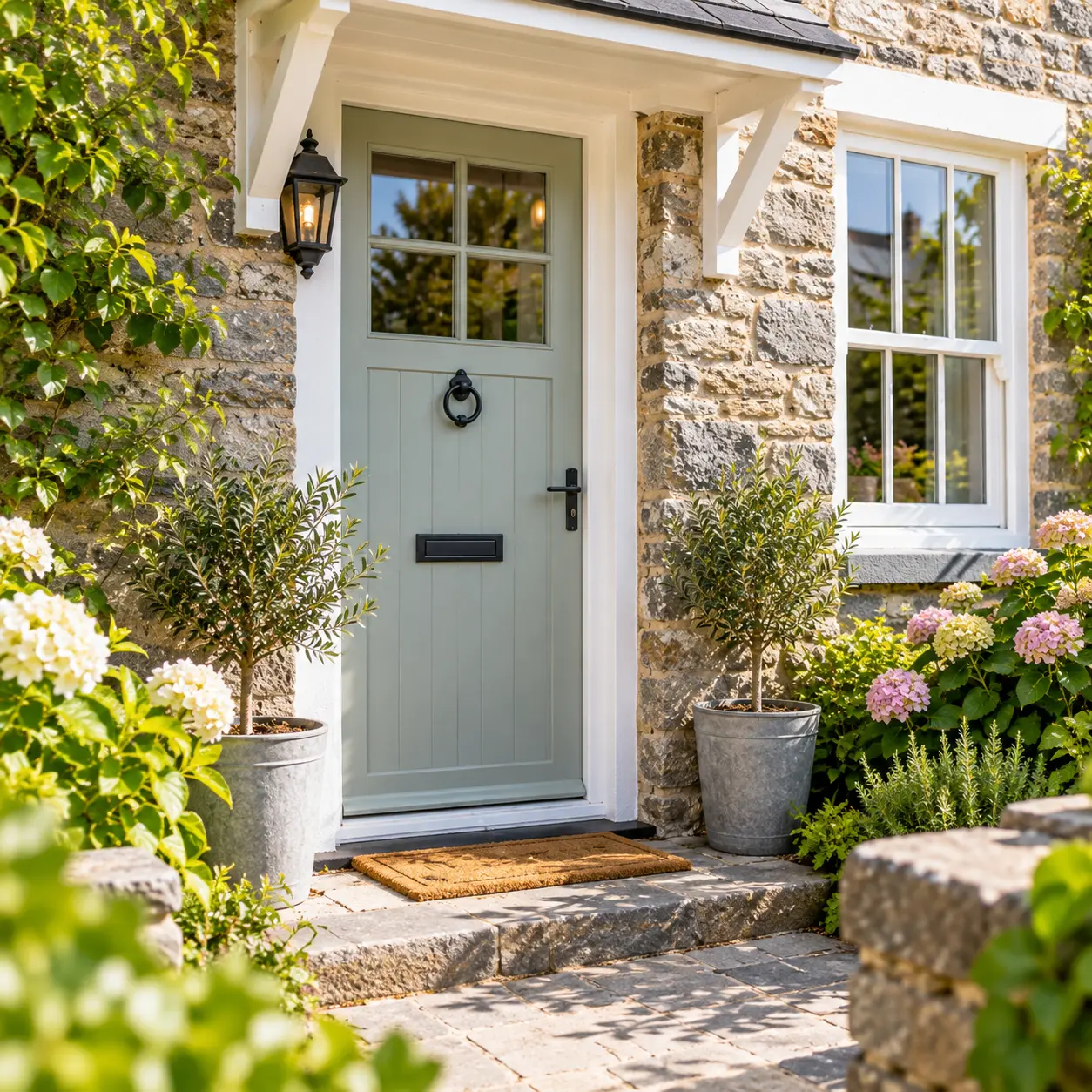 Stone cottage entrance with pale green door, black door knocker and handle, white-framed window, wall lantern, potted pink and white hydrangeas, and stone paving