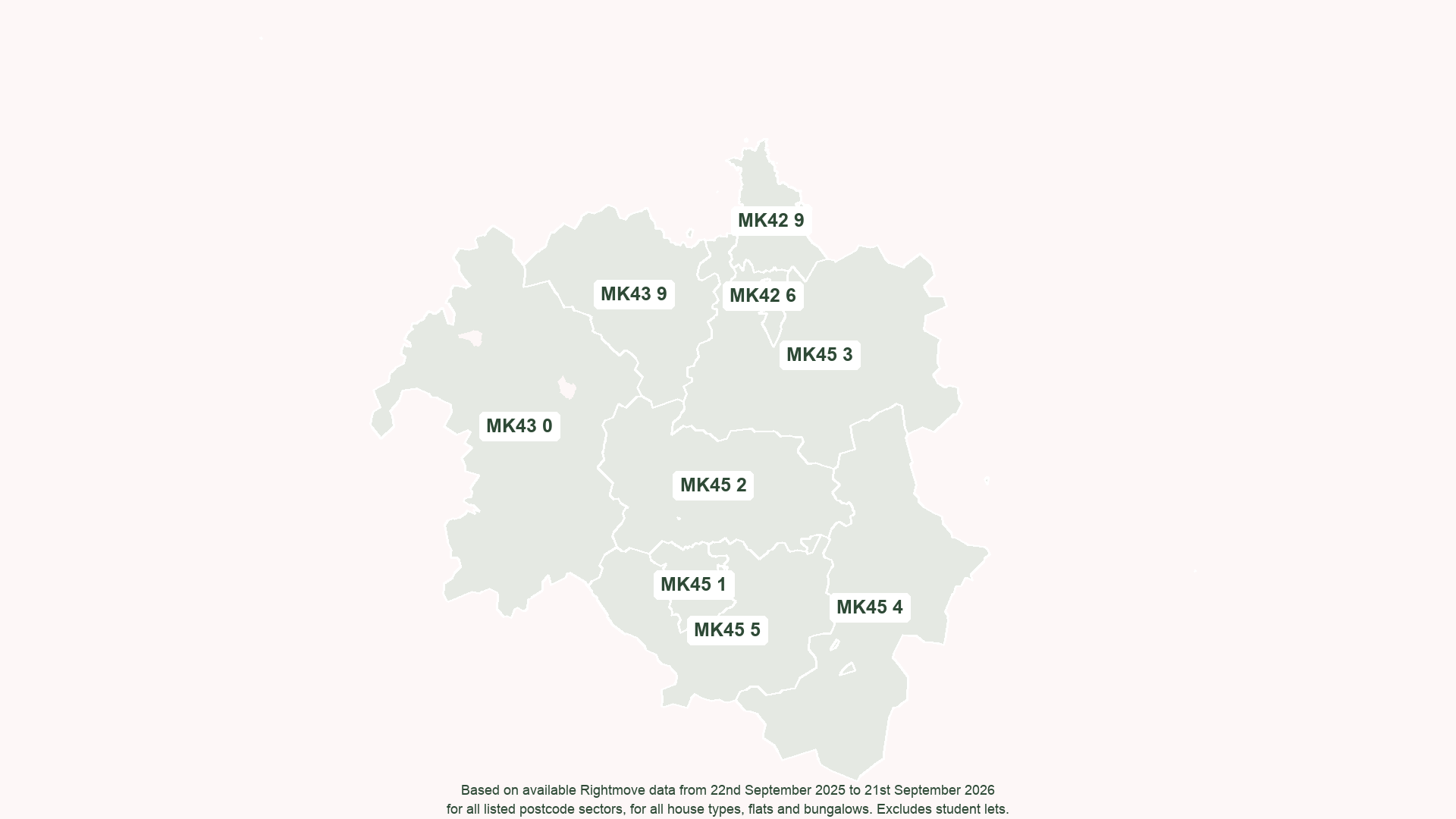 Map of Milton Keynes postcode areas showing MK42, MK43 and MK45 districts with subdivisions. Based on Rightmove data from 22 September 2025 to 21 September 2026 for listed properties.