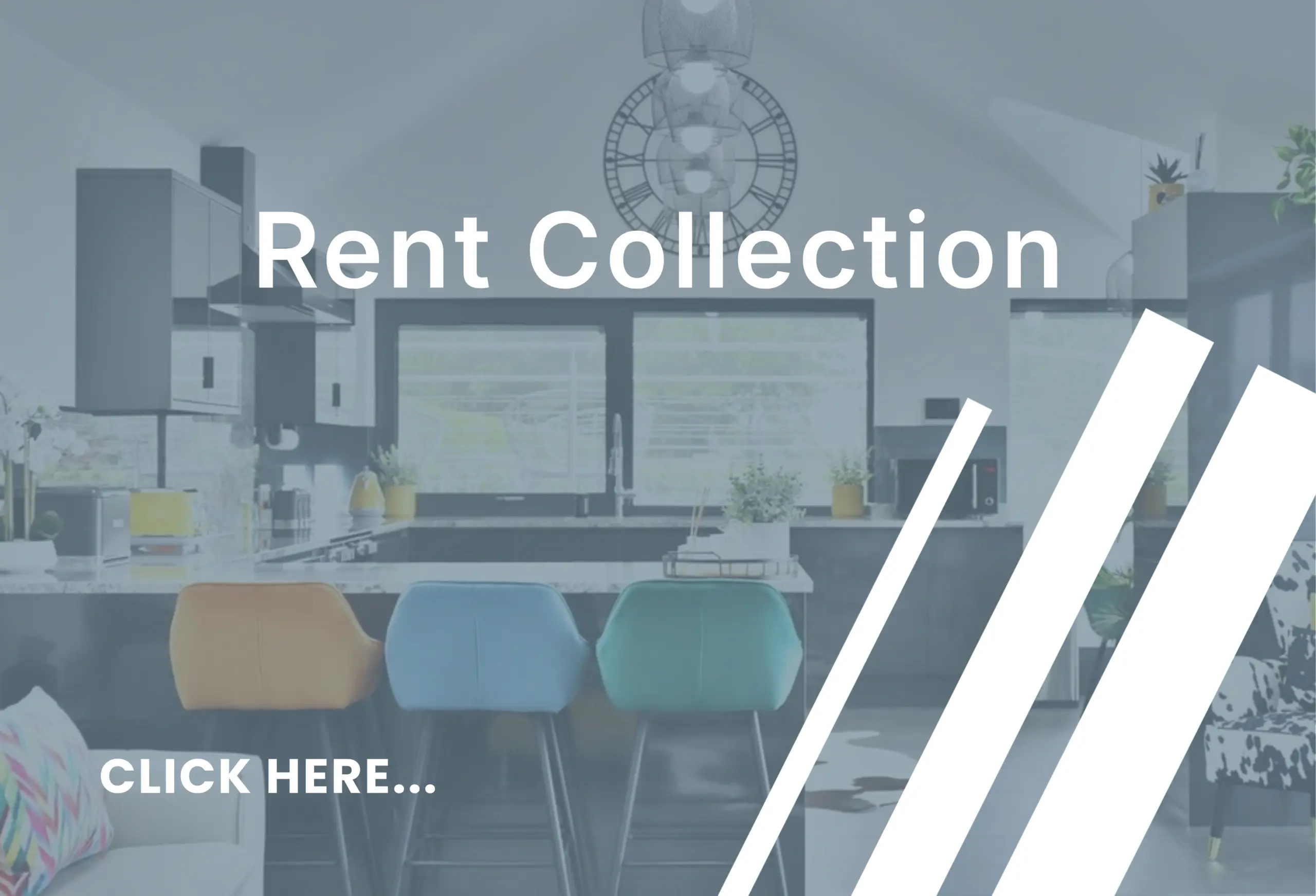 Modern kitchen with city skyline and Big Ben visible through windows. Text overlay reads "Rent Collection" with "CLICK HERE..." below. Three coloured bar stools at counter.