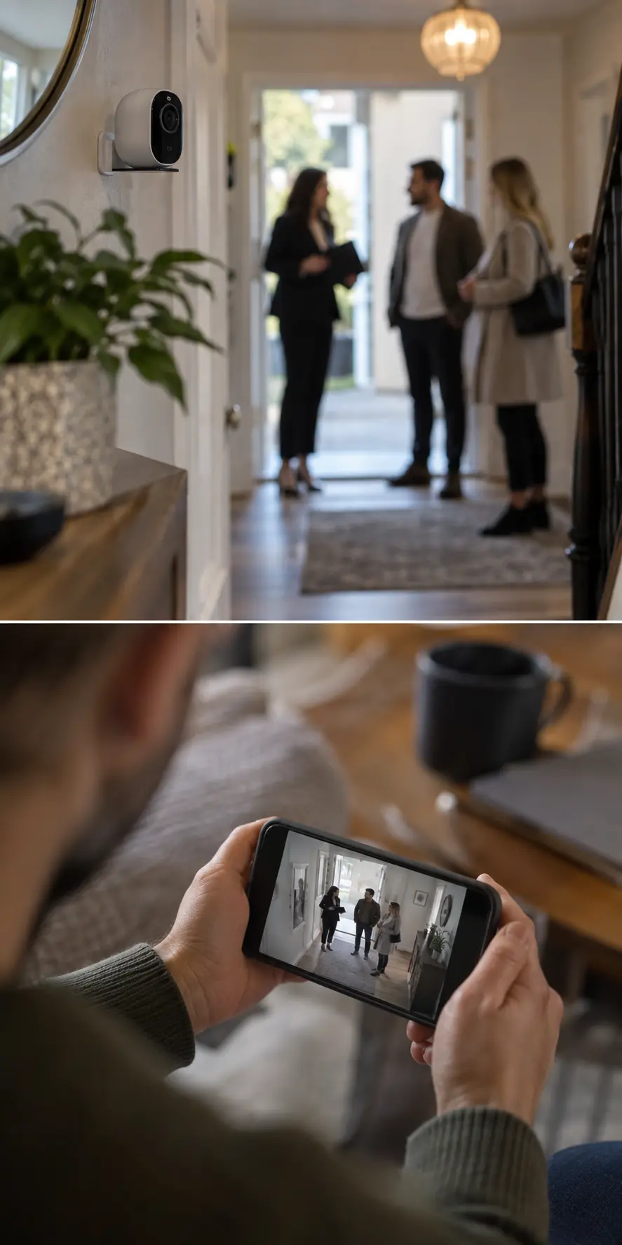 Security camera mounted on hallway wall with three people standing in background; smartphone screen showing live camera feed