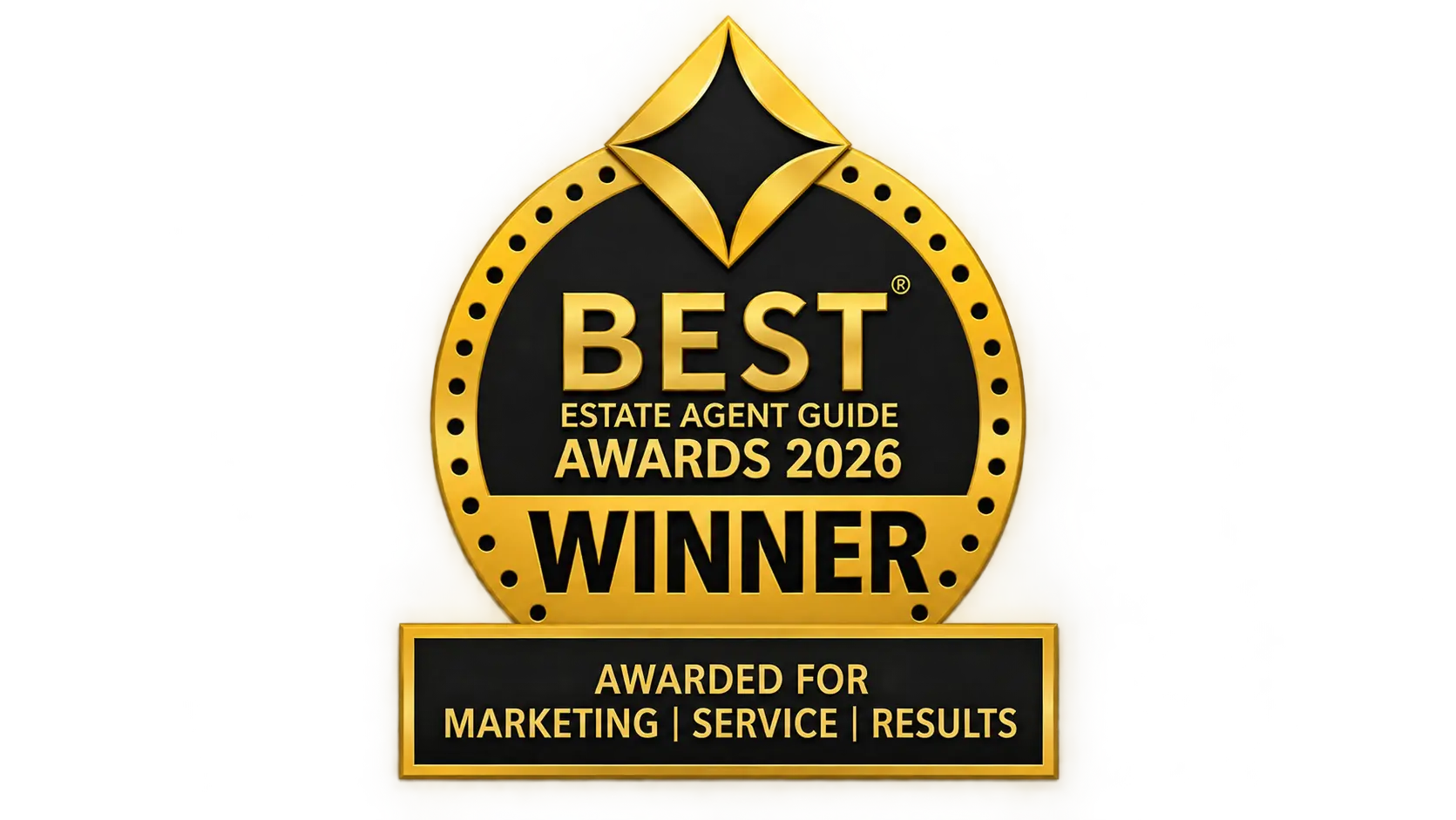Best Estate Agent Guide Awards 2026 Winner badge, awarded for Marketing, Service, Results